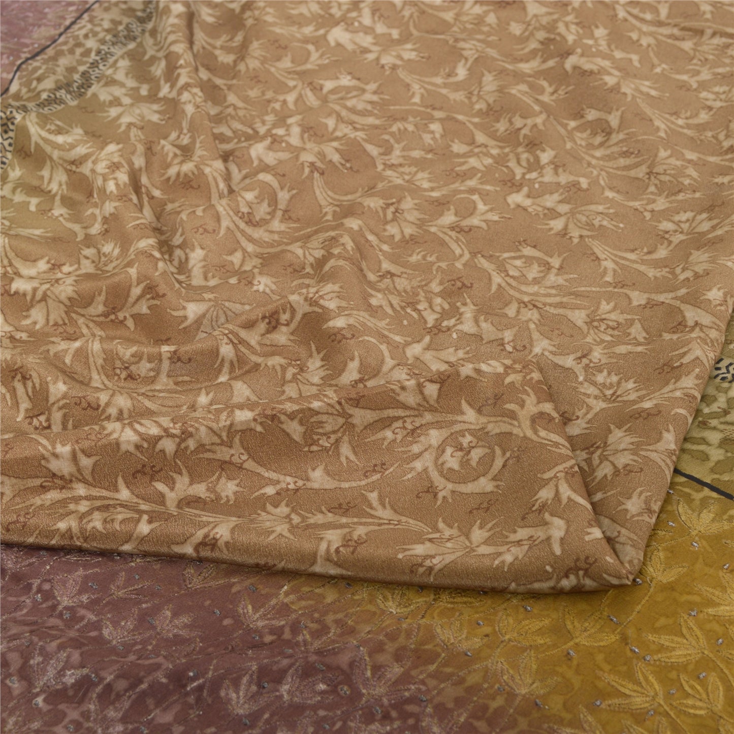 Sanskriti Vintage Sarees Brown Pure Crepe Silk Printed Sari Floral Craft Sustainable Fabric