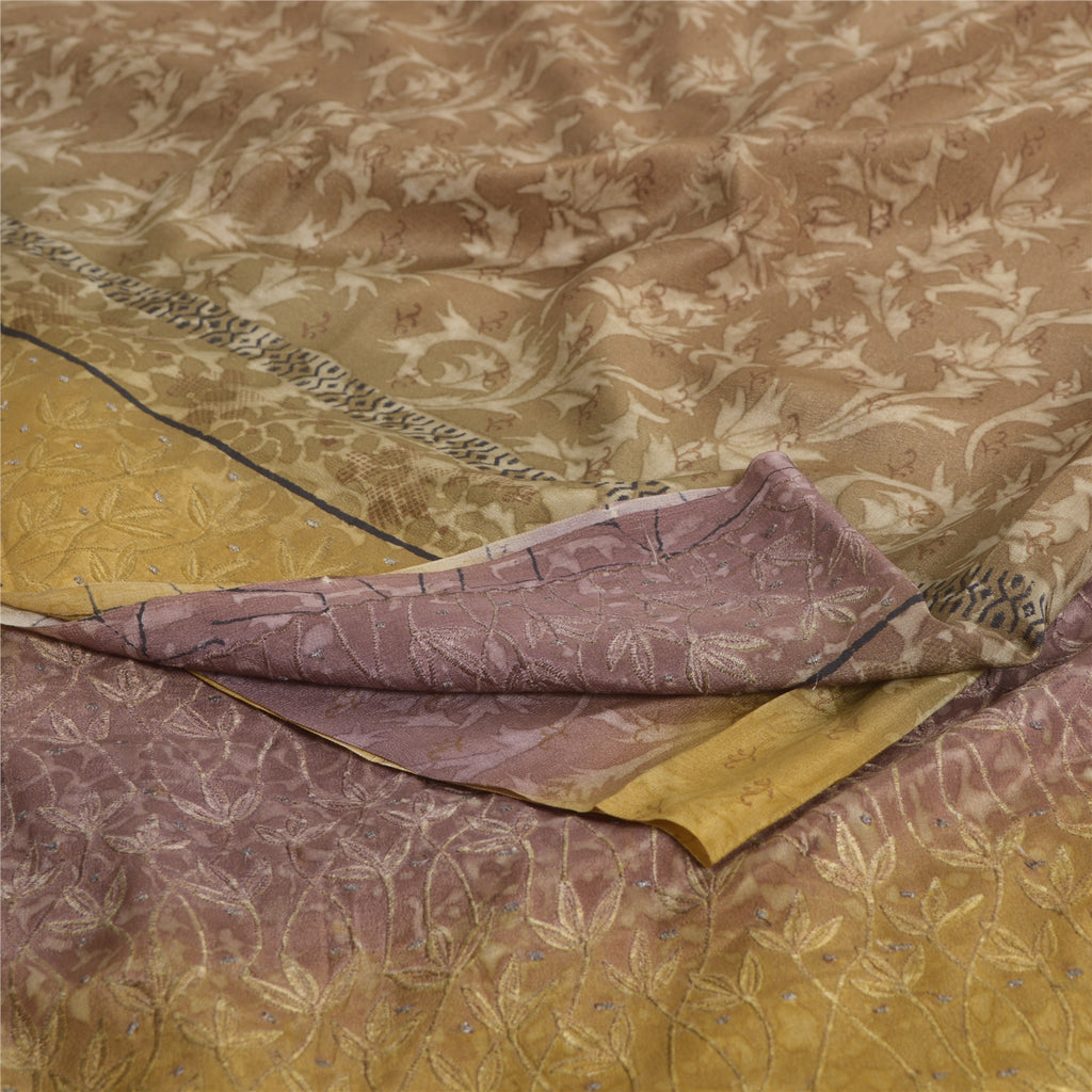 Sanskriti Vintage Sarees Brown Pure Crepe Silk Printed Sari Floral Craft Sustainable Fabric