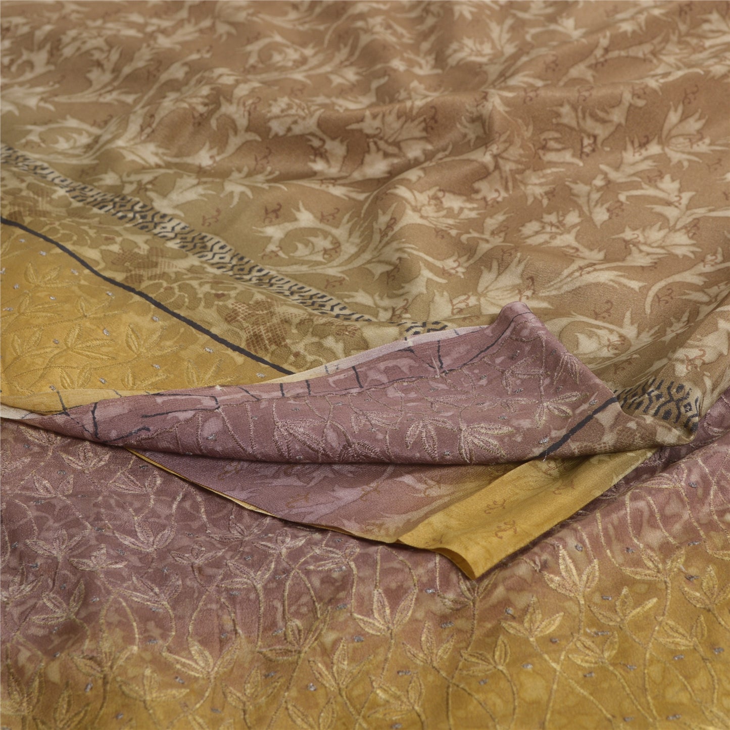 Sanskriti Vintage Sarees Brown Pure Crepe Silk Printed Sari Floral Craft Sustainable Fabric