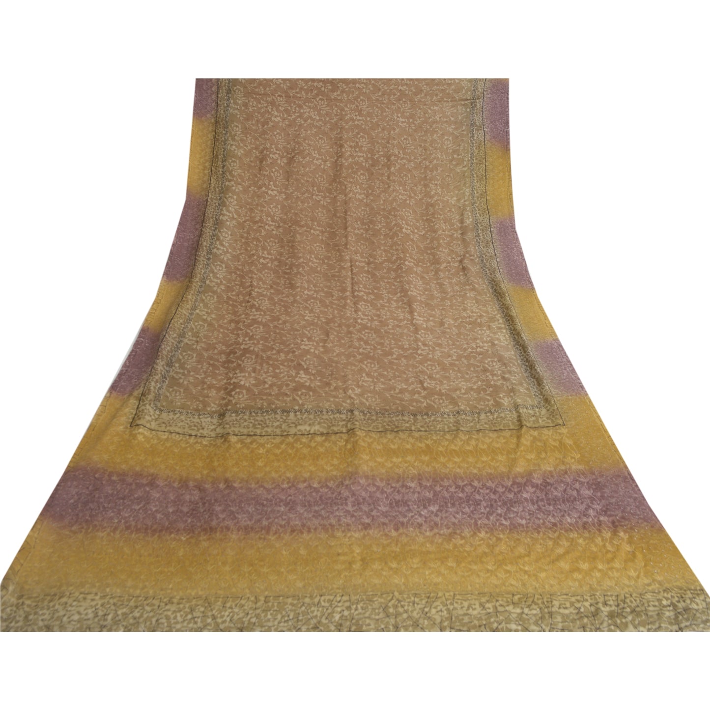 Sanskriti Vintage Sarees Brown Pure Crepe Silk Printed Sari Floral Craft Sustainable Fabric