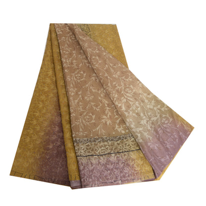 Sanskriti Vintage Sarees Brown Pure Crepe Silk Printed Sari Floral Craft Sustainable Fabric