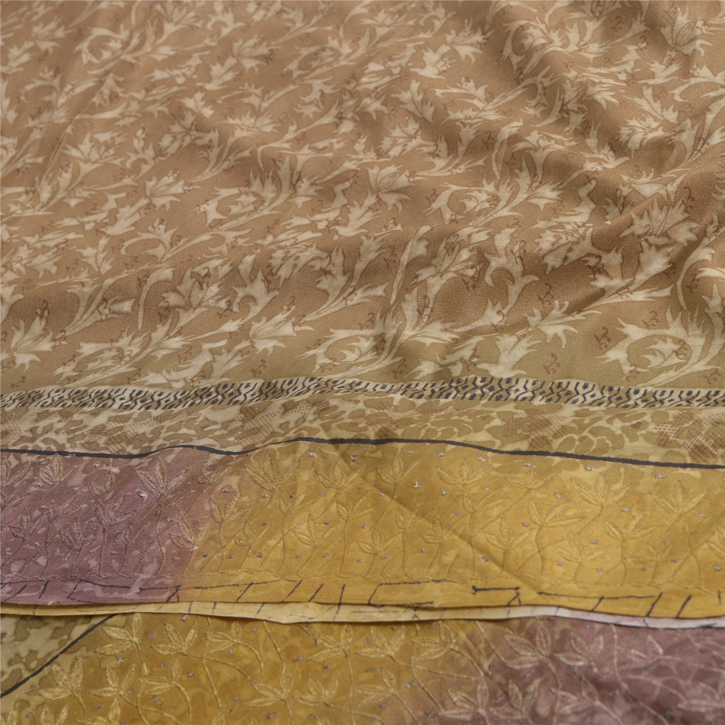 Sanskriti Vintage Sarees Brown Pure Crepe Silk Printed Sari Floral Craft Sustainable Fabric