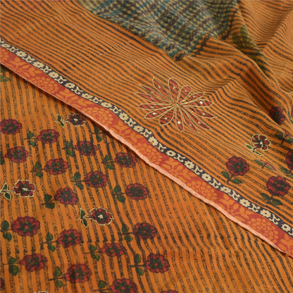 Sanskriti Vintage Sarees Orange/Green Hand Beaded Print Pure Crepe Sari Sustainable Fabric