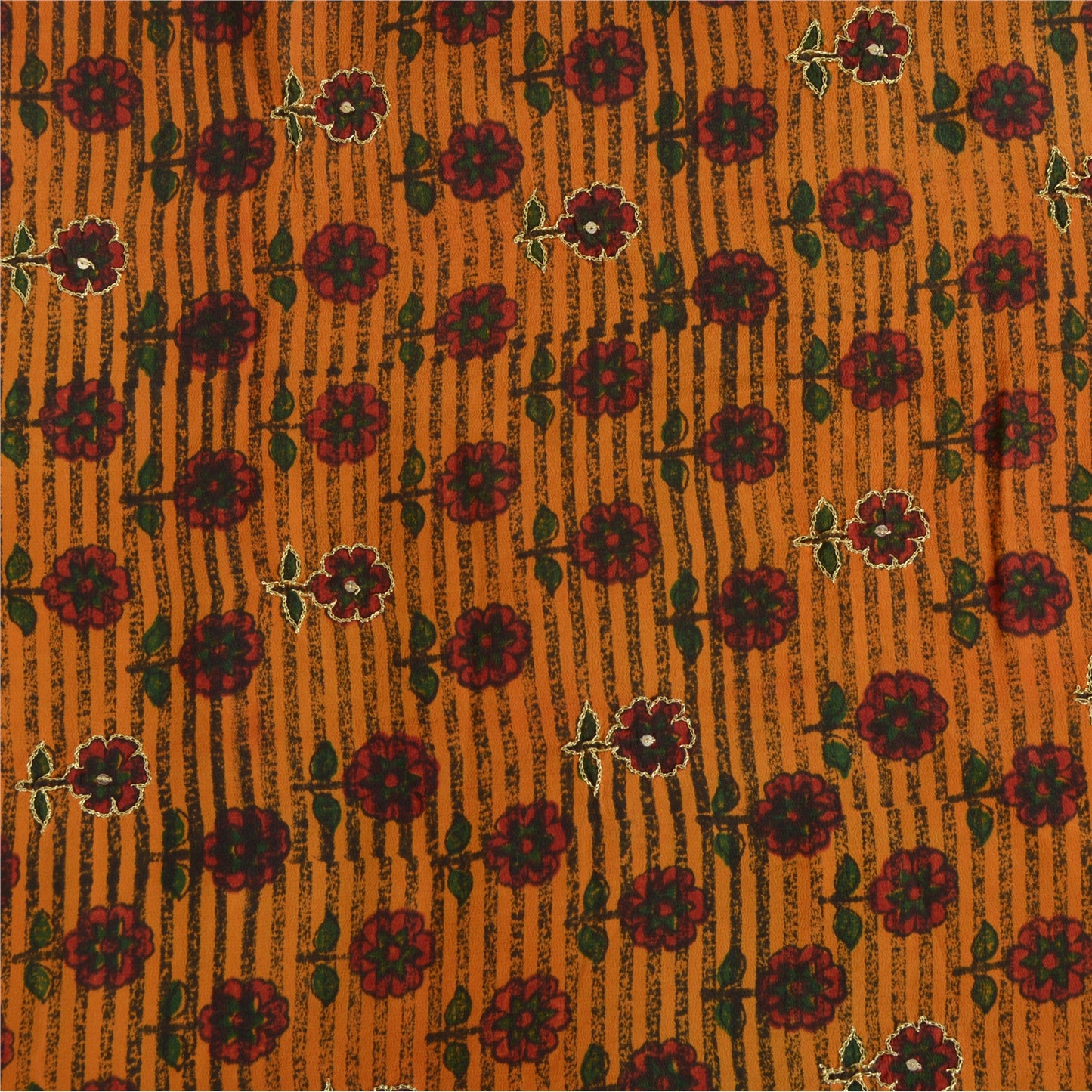 Sanskriti Vintage Sarees Orange/Green Hand Beaded Print Pure Crepe Sari Sustainable Fabric