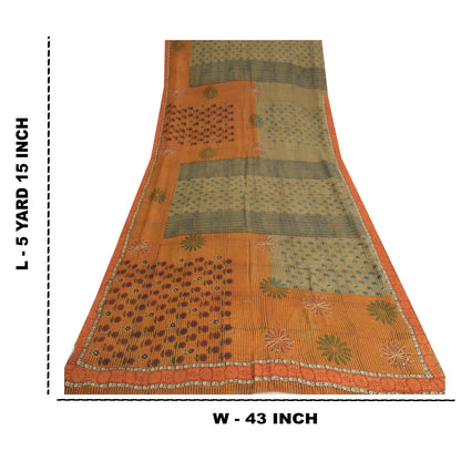 Sanskriti Vintage Sarees Orange/Green Hand Beaded Print Pure Crepe Sari Sustainable Fabric