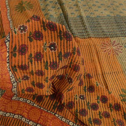 Sanskriti Vintage Sarees Orange/Green Hand Beaded Print Pure Crepe Sari Sustainable Fabric