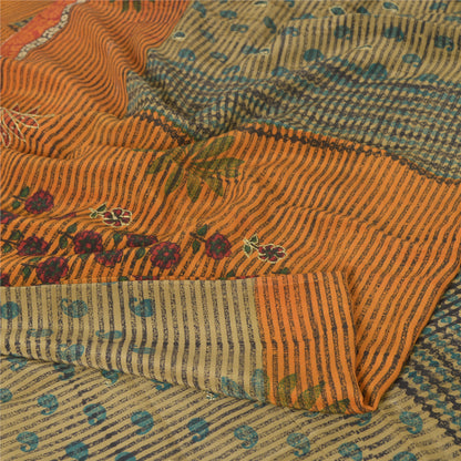 Sanskriti Vintage Sarees Orange/Green Hand Beaded Print Pure Crepe Sari Sustainable Fabric