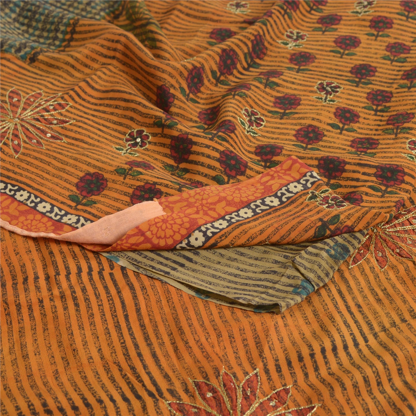 Sanskriti Vintage Sarees Orange/Green Hand Beaded Print Pure Crepe Sari Sustainable Fabric