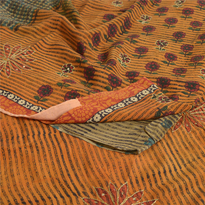 Sanskriti Vintage Sarees Orange/Green Hand Beaded Print Pure Crepe Sari Sustainable Fabric