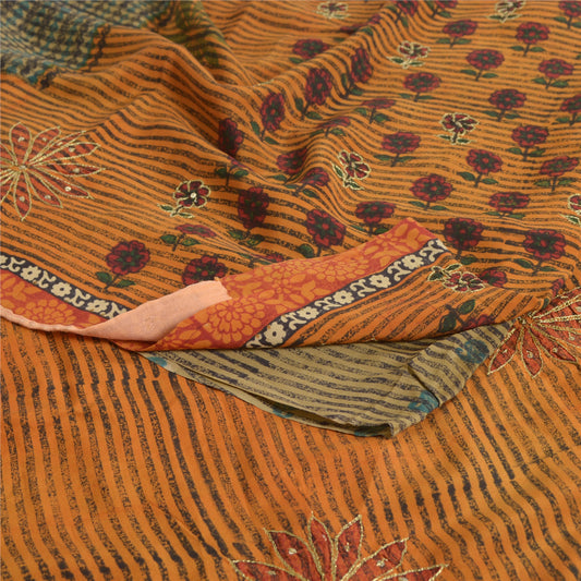 Sanskriti Vintage Sarees Orange/Green Hand Beaded Print Pure Crepe Sari Sustainable Fabric