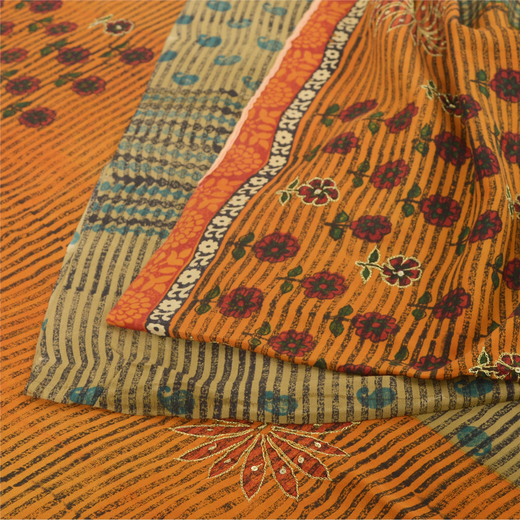 Sanskriti Vintage Sarees Orange/Green Hand Beaded Print Pure Crepe Sari Sustainable Fabric