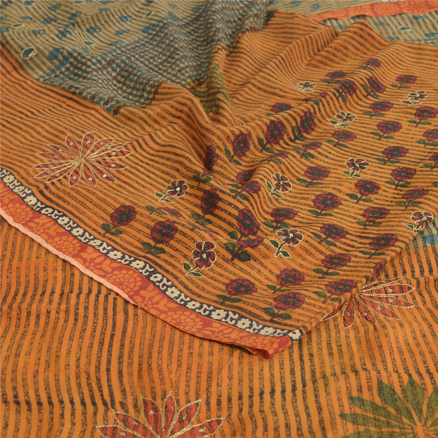 Sanskriti Vintage Sarees Orange/Green Hand Beaded Print Pure Crepe Sari Sustainable Fabric