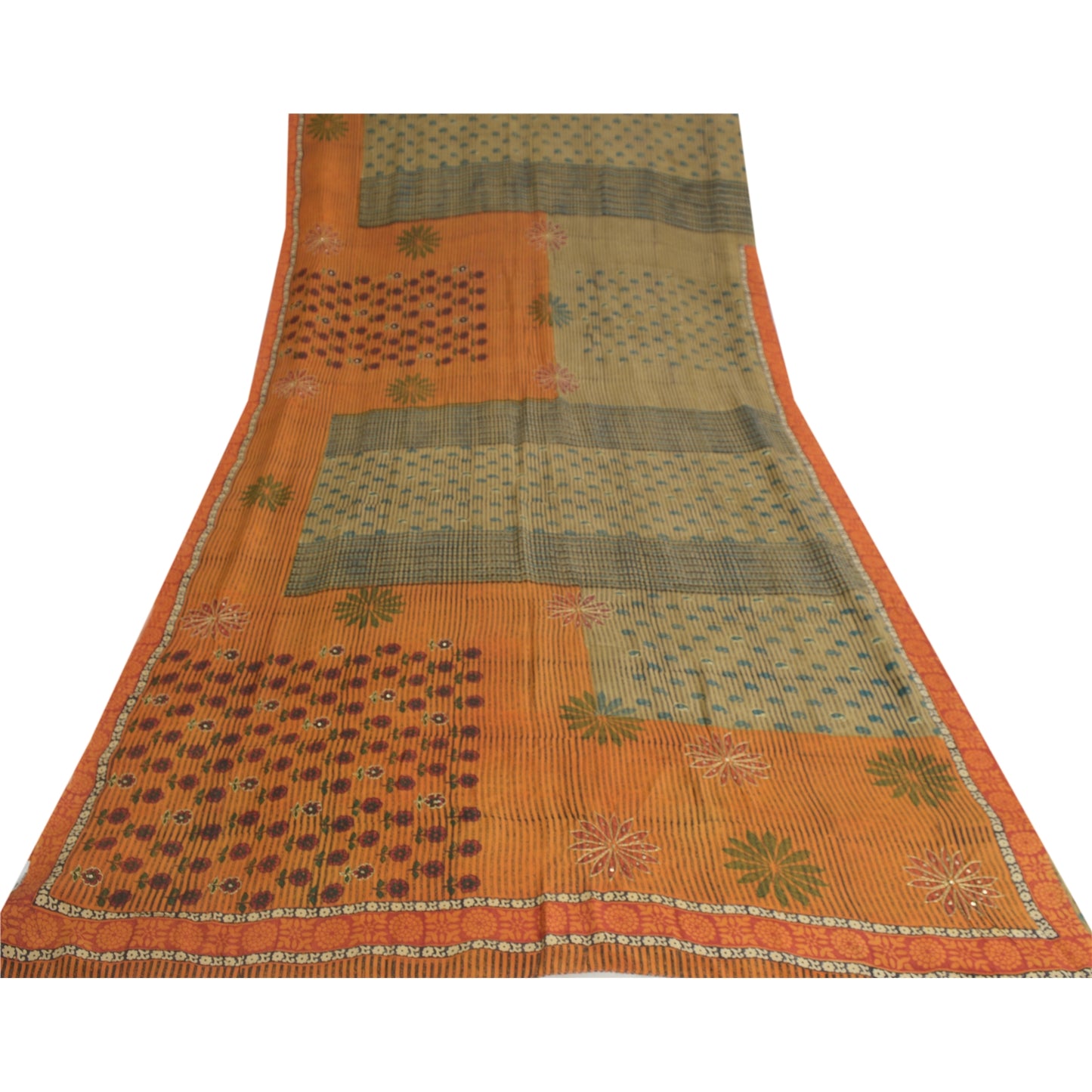 Sanskriti Vintage Sarees Orange/Green Hand Beaded Print Pure Crepe Sari Sustainable Fabric