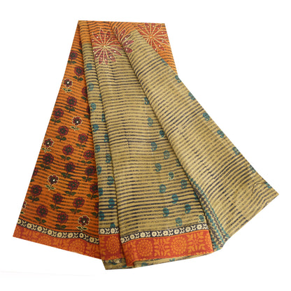 Sanskriti Vintage Sarees Orange/Green Hand Beaded Print Pure Crepe Sari Sustainable Fabric