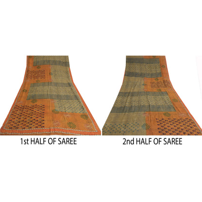 Sanskriti Vintage Sarees Orange/Green Hand Beaded Print Pure Crepe Sari Sustainable Fabric