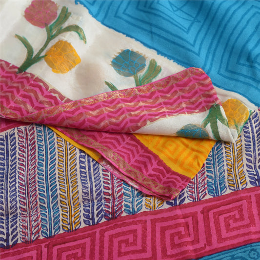 Sanskriti Vintage Sarees Multicolor Pure Crepe Silk Print Sari 5yd Craft Sustainable Fabric