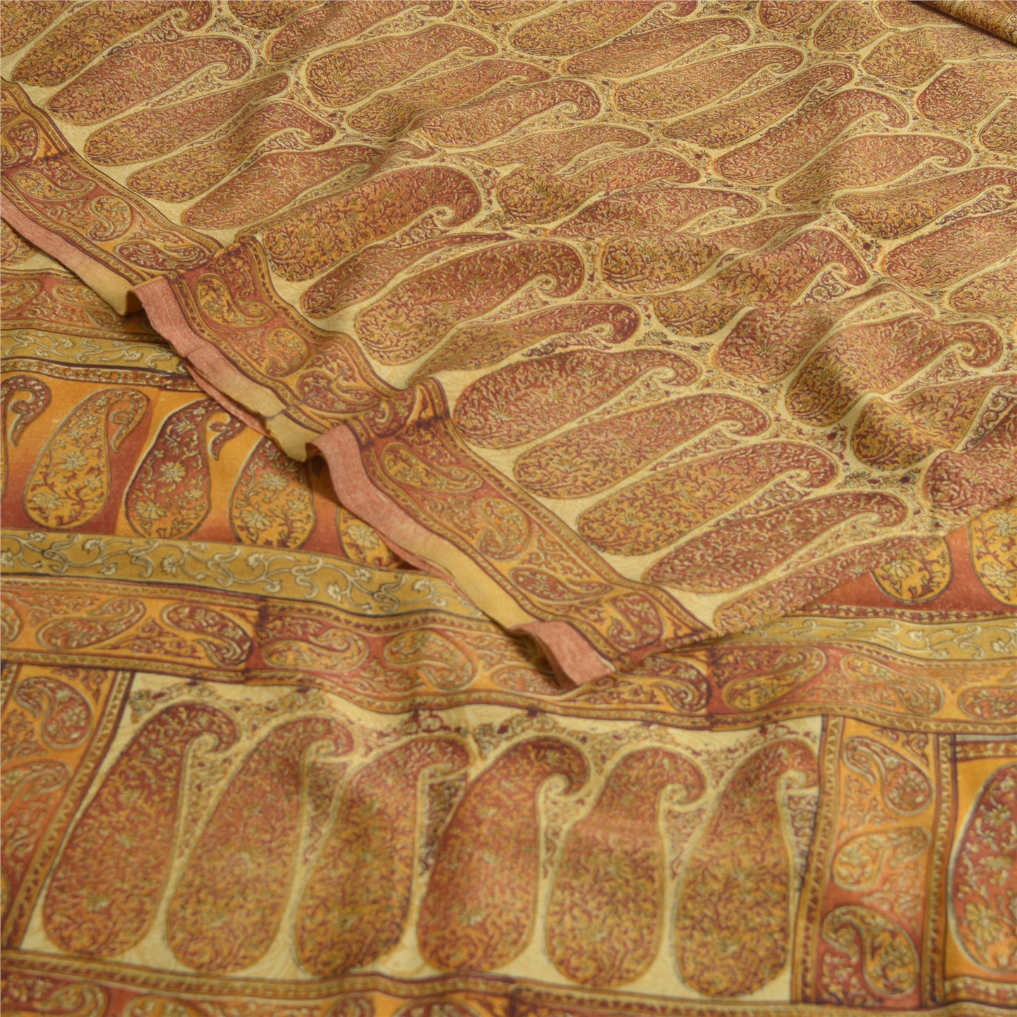 Sanskriti Vintage Sarees Saffron Pure Crepe Silk Paisley Print Sari Craft Sustainable Fabric