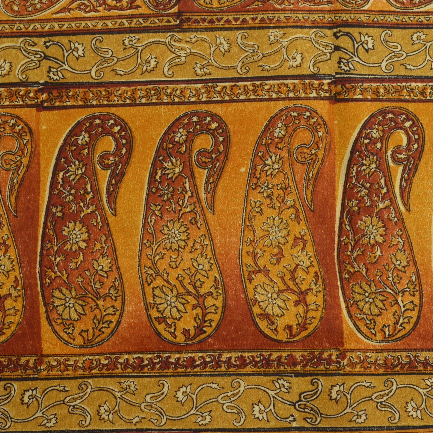 Sanskriti Vintage Sarees Saffron Pure Crepe Silk Paisley Print Sari Craft Sustainable Fabric