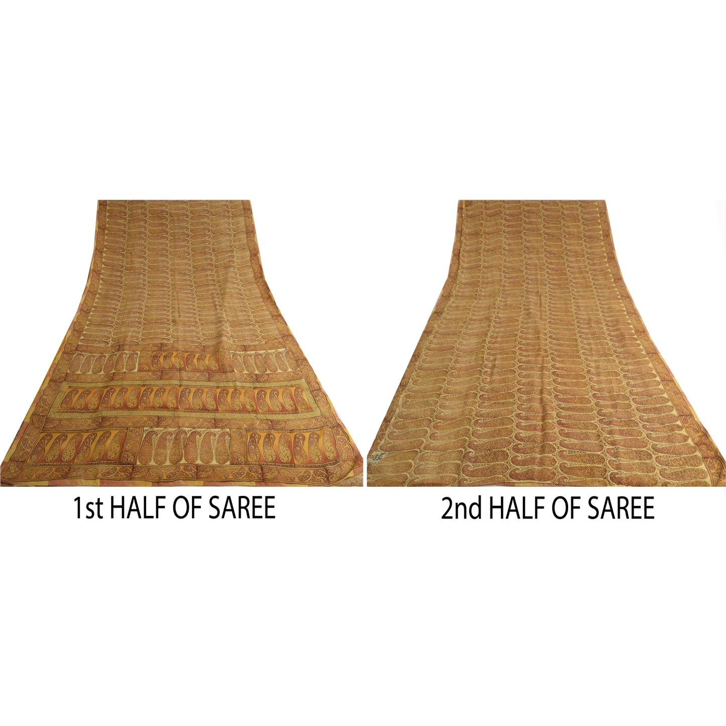 Sanskriti Vintage Sarees Saffron Pure Crepe Silk Paisley Print Sari Craft Sustainable Fabric