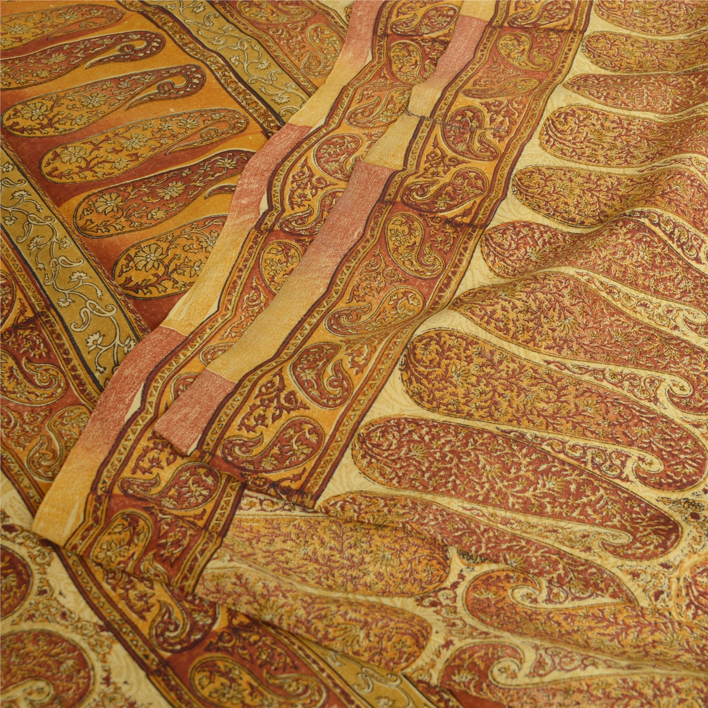 Sanskriti Vintage Sarees Saffron Pure Crepe Silk Paisley Print Sari Craft Sustainable Fabric