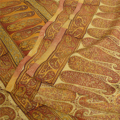 Sanskriti Vintage Sarees Saffron Pure Crepe Silk Paisley Print Sari Craft Sustainable Fabric