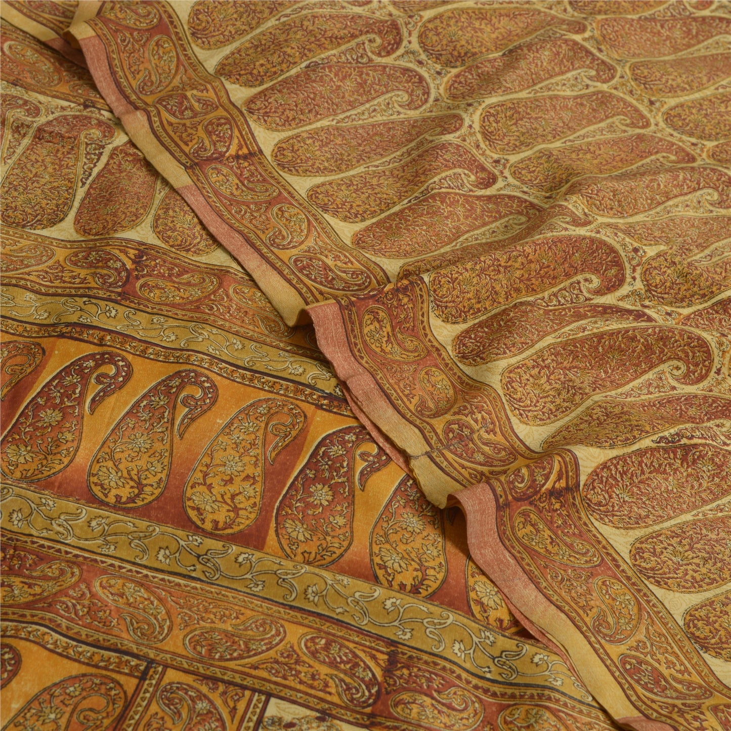 Sanskriti Vintage Sarees Saffron Pure Crepe Silk Paisley Print Sari Craft Sustainable Fabric