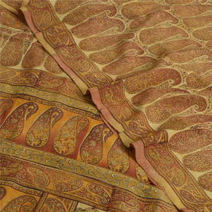 Sanskriti Vintage Sarees Saffron Pure Crepe Silk Paisley Print Sari Craft Sustainable Fabric