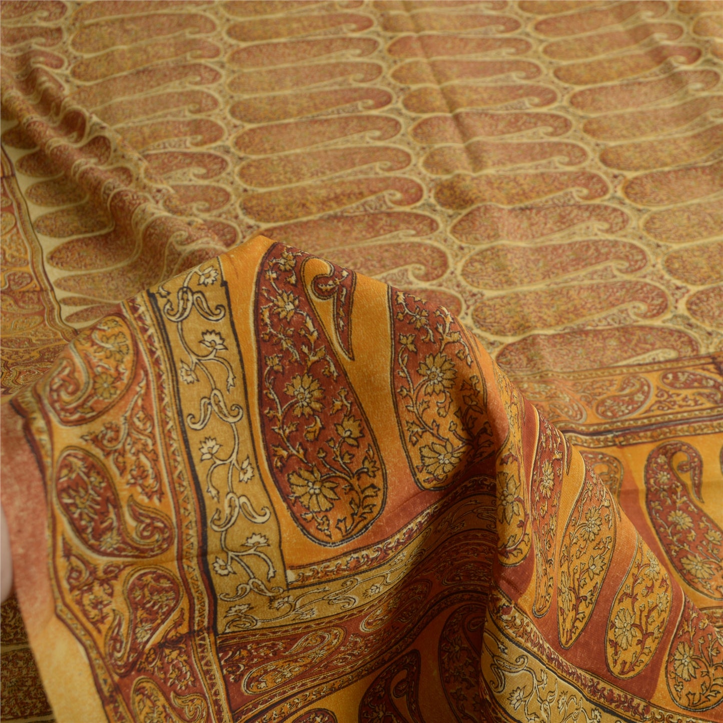 Sanskriti Vintage Sarees Saffron Pure Crepe Silk Paisley Print Sari Craft Sustainable Fabric
