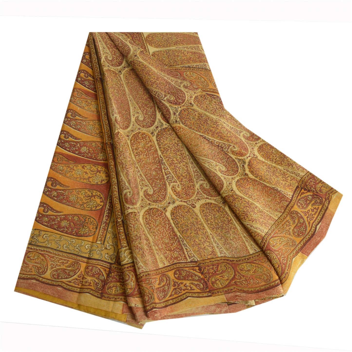 Sanskriti Vintage Sarees Saffron Pure Crepe Silk Paisley Print Sari Craft Sustainable Fabric