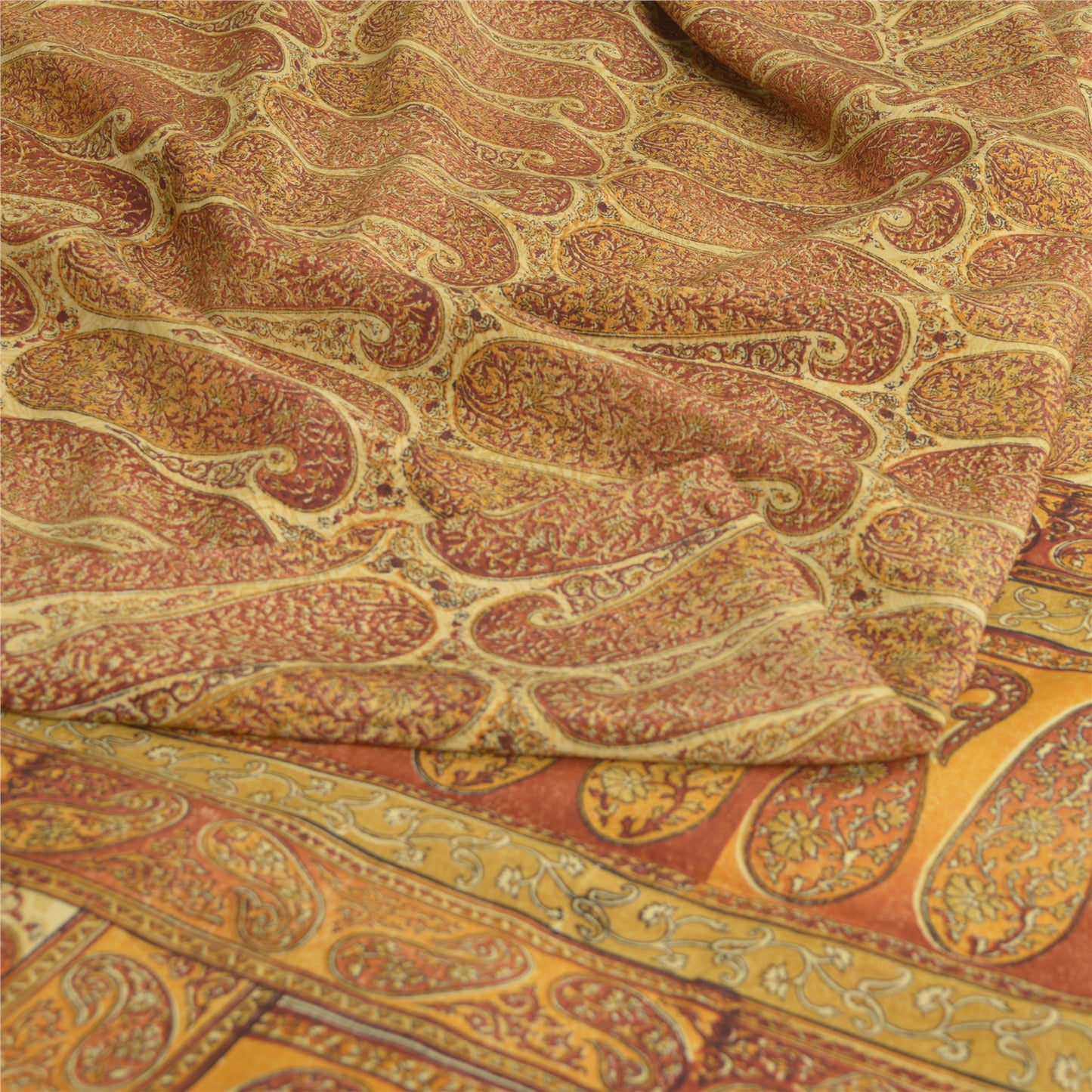 Sanskriti Vintage Sarees Saffron Pure Crepe Silk Paisley Print Sari Craft Sustainable Fabric