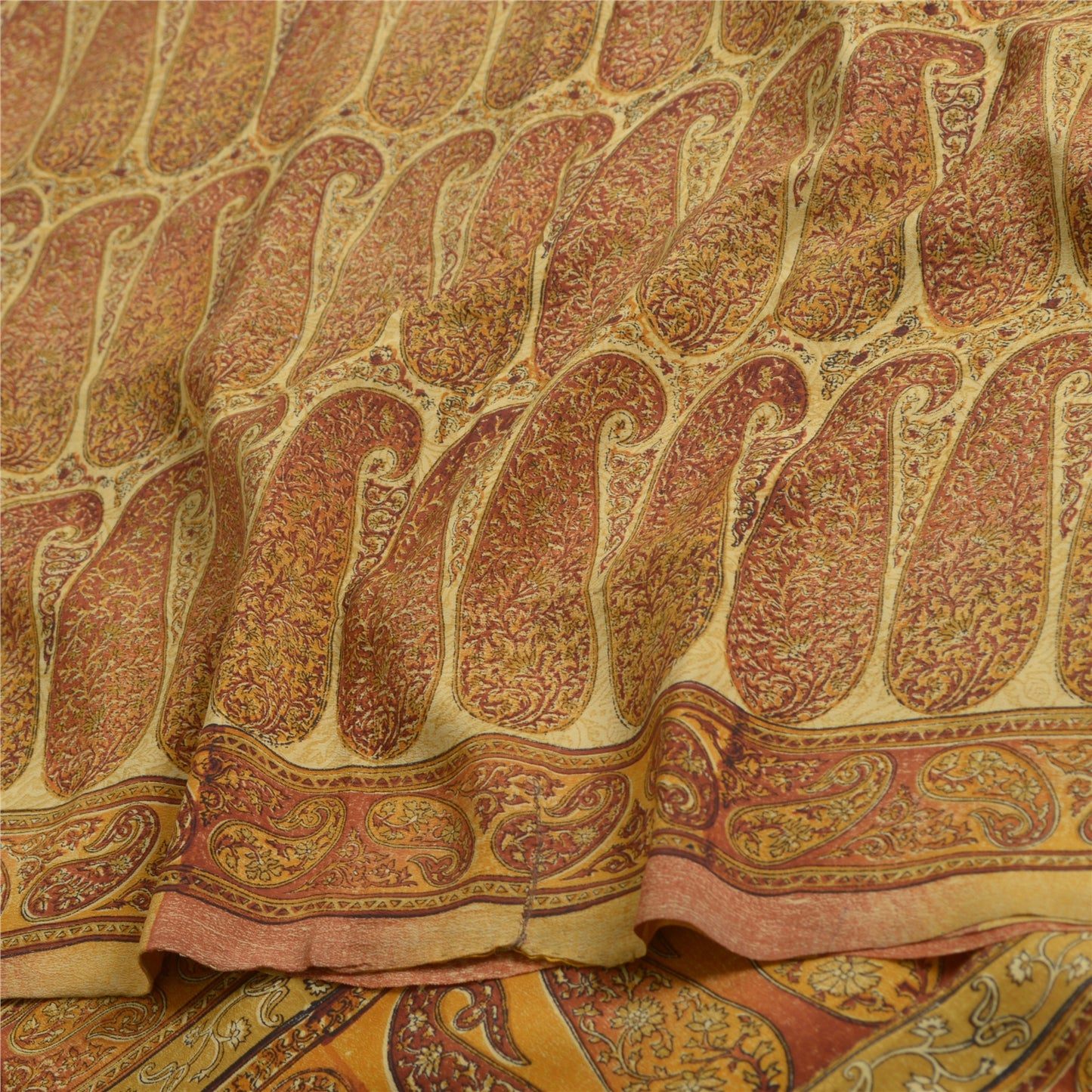 Sanskriti Vintage Sarees Saffron Pure Crepe Silk Paisley Print Sari Craft Sustainable Fabric