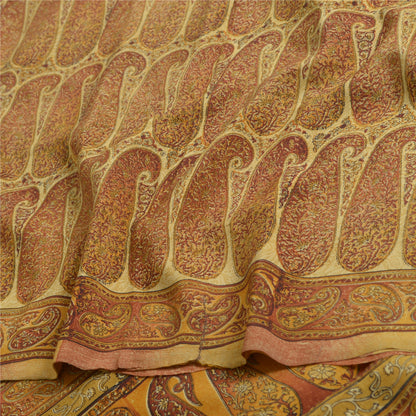 Sanskriti Vintage Sarees Saffron Pure Crepe Silk Paisley Print Sari Craft Sustainable Fabric