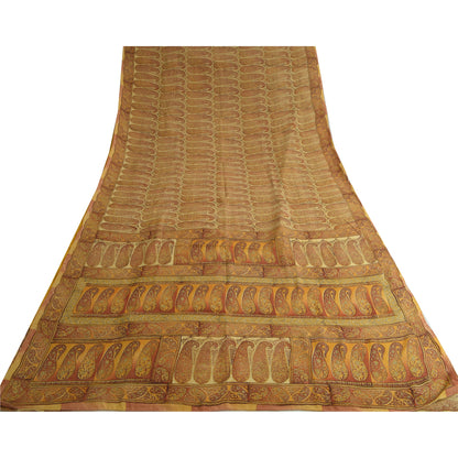Sanskriti Vintage Sarees Saffron Pure Crepe Silk Paisley Print Sari Craft Sustainable Fabric