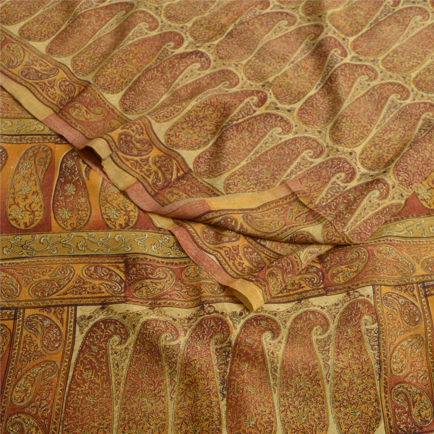 Sanskriti Vintage Sarees Saffron Pure Crepe Silk Paisley Print Sari Craft Sustainable Fabric