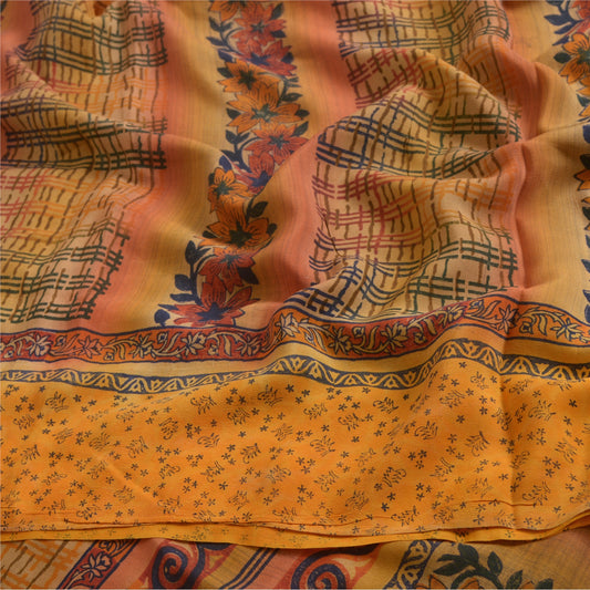 Sanskriti Vintage Sarees Indian Yellow Pure Crepe Silk Printed Sari Craft Sustainable Fabric