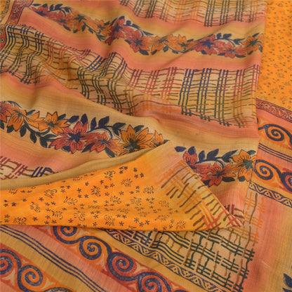 Sanskriti Vintage Sarees Indian Yellow Pure Crepe Silk Printed Sari Craft Sustainable Fabric