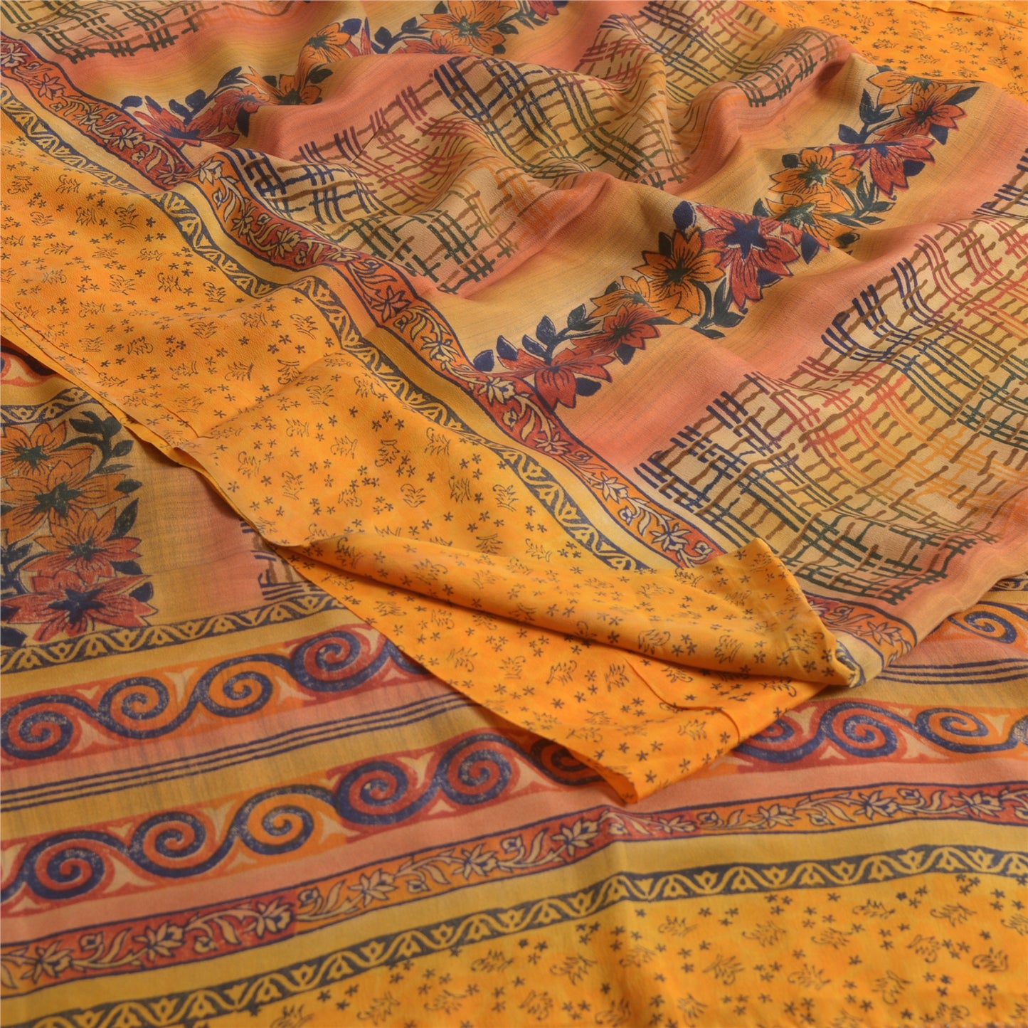 Sanskriti Vintage Sarees Indian Yellow Pure Crepe Silk Printed Sari Craft Sustainable Fabric