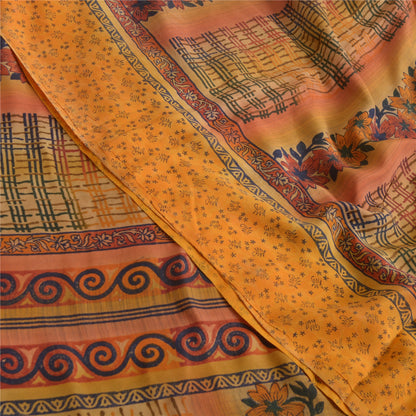 Sanskriti Vintage Sarees Indian Yellow Pure Crepe Silk Printed Sari Craft Sustainable Fabric