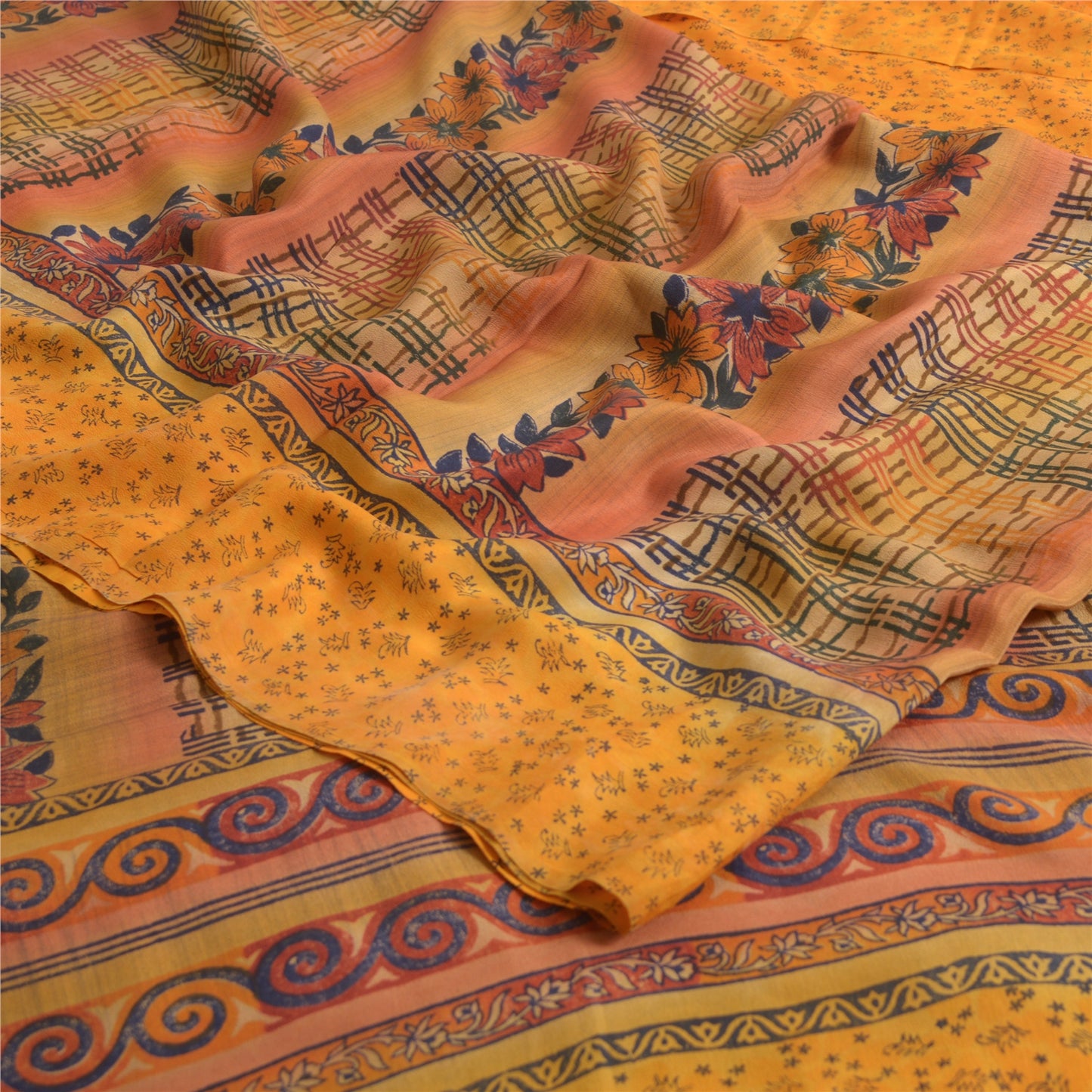 Sanskriti Vintage Sarees Indian Yellow Pure Crepe Silk Printed Sari Craft Sustainable Fabric