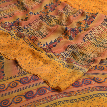 Sanskriti Vintage Sarees Indian Yellow Pure Crepe Silk Printed Sari Craft Sustainable Fabric
