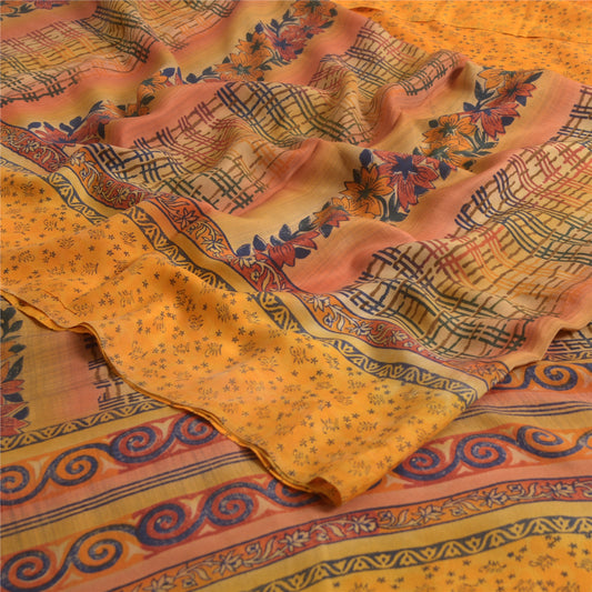 Sanskriti Vintage Sarees Indian Yellow Pure Crepe Silk Printed Sari Craft Sustainable Fabric