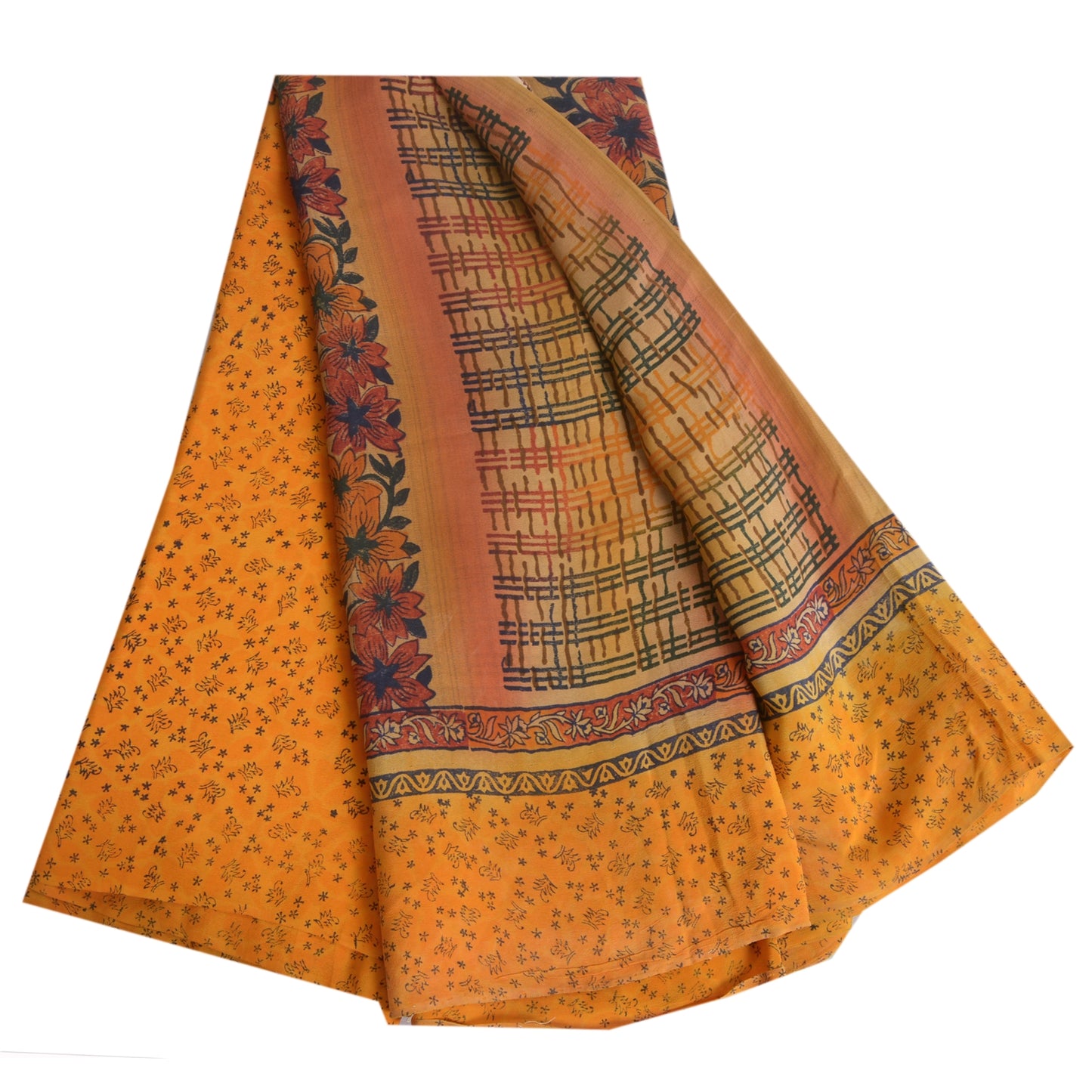 Sanskriti Vintage Sarees Indian Yellow Pure Crepe Silk Printed Sari Craft Sustainable Fabric