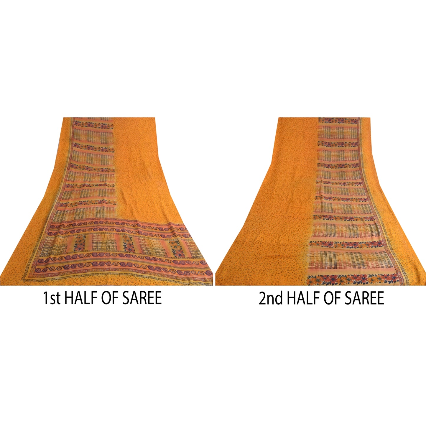 Sanskriti Vintage Sarees Indian Yellow Pure Crepe Silk Printed Sari Craft Sustainable Fabric