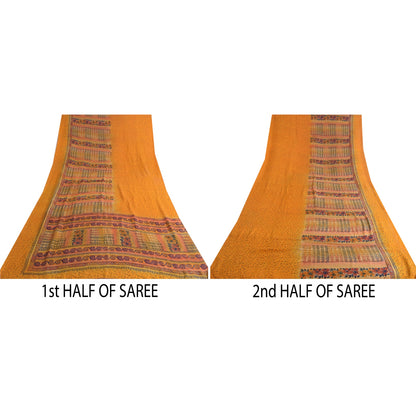 Sanskriti Vintage Sarees Indian Yellow Pure Crepe Silk Printed Sari Craft Sustainable Fabric