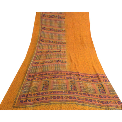 Sanskriti Vintage Sarees Indian Yellow Pure Crepe Silk Printed Sari Craft Sustainable Fabric