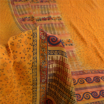 Sanskriti Vintage Sarees Indian Yellow Pure Crepe Silk Printed Sari Craft Sustainable Fabric