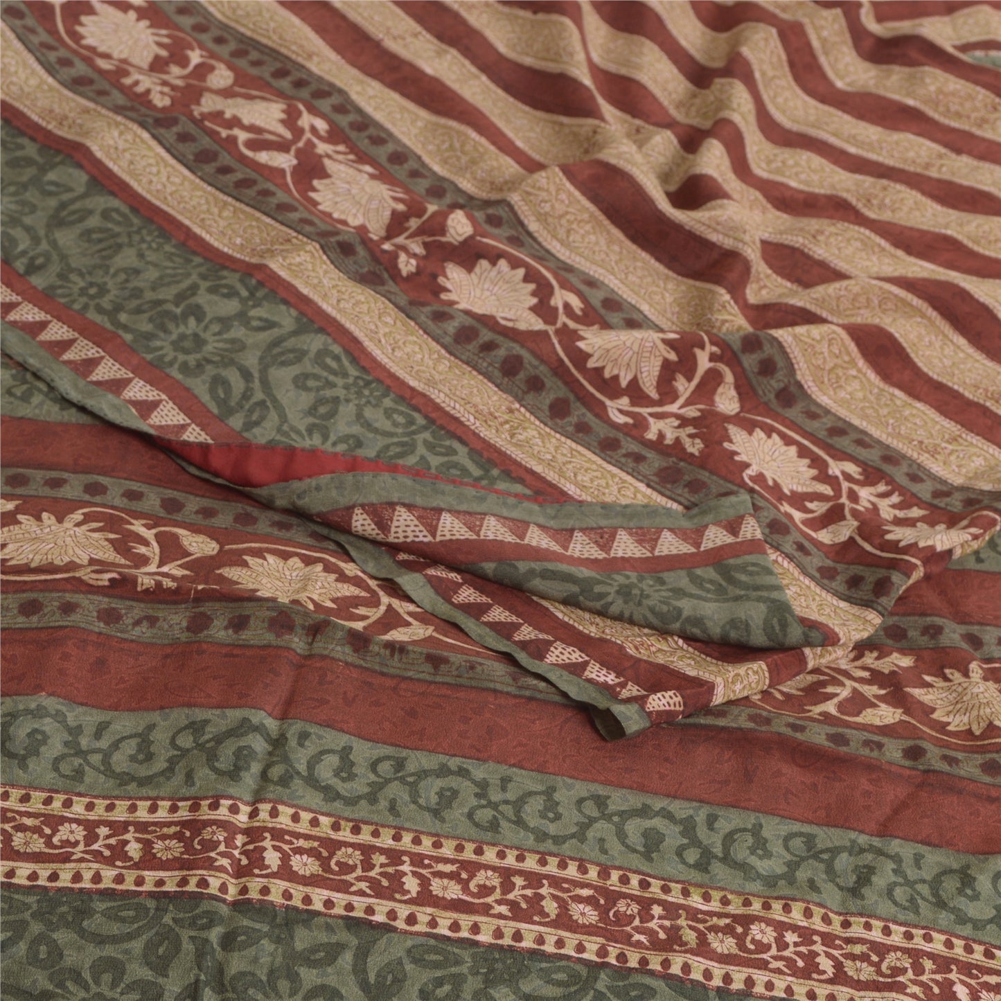 Sanskriti Vintage Sarees Orange/Green Kalamkari Printed Pure Crepe Sari Sustainable Fabric