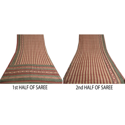 Sanskriti Vintage Sarees Orange/Green Kalamkari Printed Pure Crepe Sari Sustainable Fabric