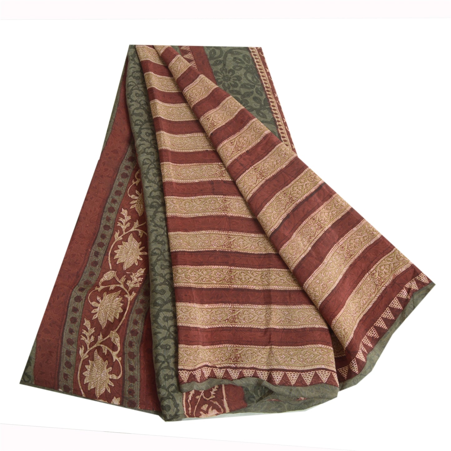 Sanskriti Vintage Sarees Orange/Green Kalamkari Printed Pure Crepe Sari Sustainable Fabric
