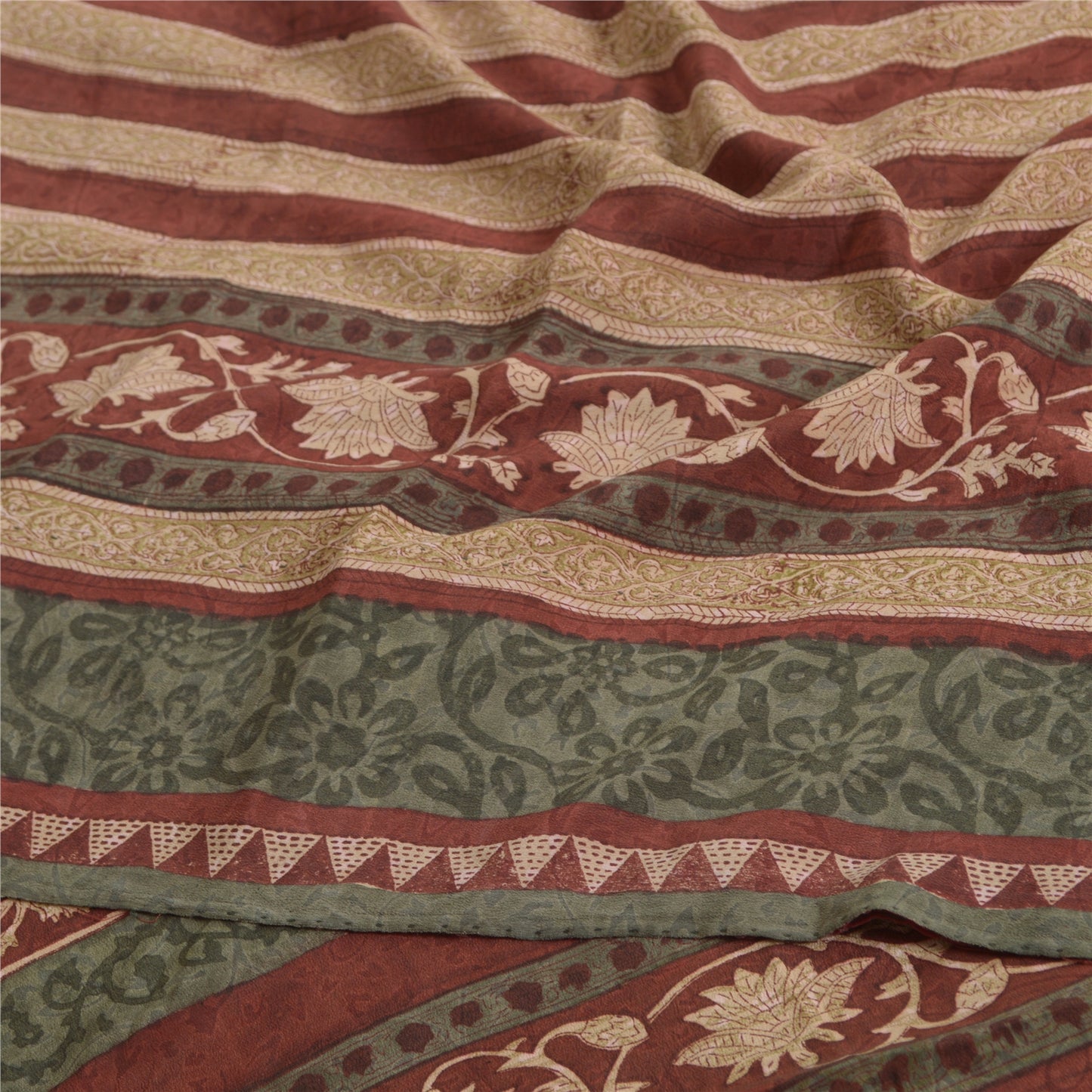 Sanskriti Vintage Sarees Orange/Green Kalamkari Printed Pure Crepe Sari Sustainable Fabric